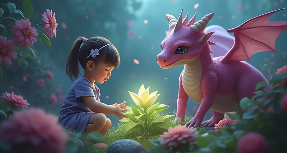  the chosen one nurturing a glowing plant in an ethereal garden, with the pink dragon’s supportive presence nearby, ensuring they nurture both themselves and others. the style is digital art illustration,highly detailed, whimsical,magical, dreamlike atmosphere, realism and fantasy blend, smooth, glossy textures,luminous quality, wonder and enchantment.