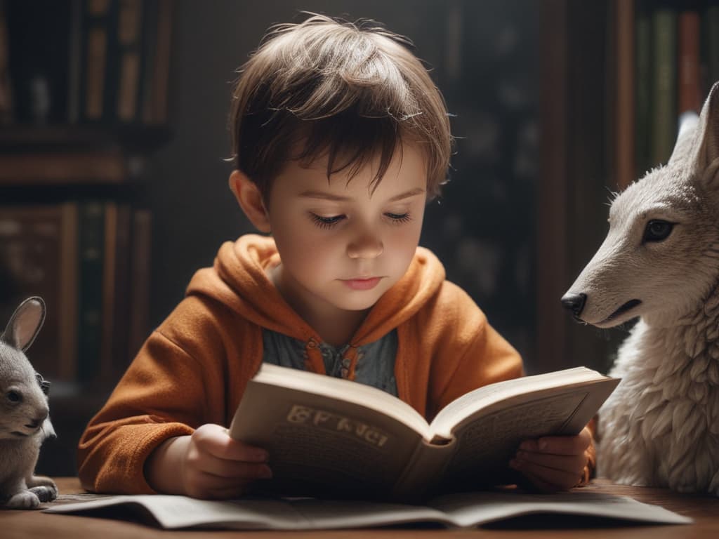 ultra realistic ((ultra realistic ((a child engrossed in reading a book titled 'about animals')))) hyperrealistic, full body, detailed clothing, highly detailed, cinematic lighting, stunningly beautiful, intricate, sharp focus, f/1. 8, 85mm, (centered image composition), (professionally color graded), ((bright soft diffused light)), volumetric fog, trending on instagram, trending on tumblr, HDR 4K, 8K