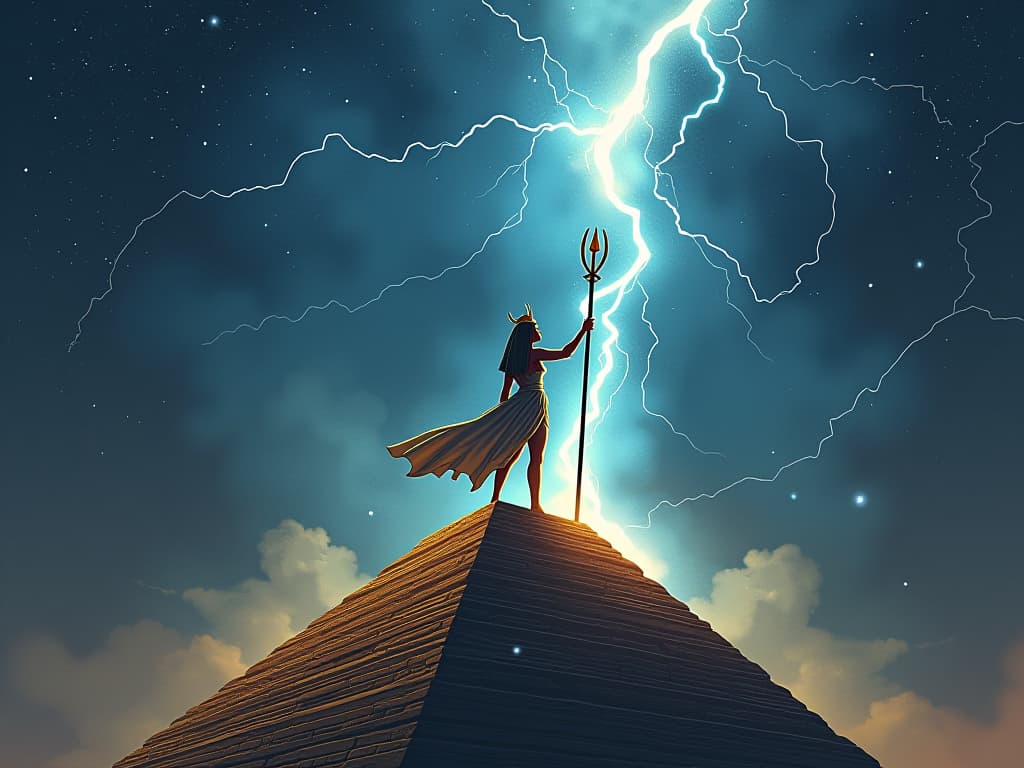  an ethereal scene of an egyptian deity wielding a staff of lightning, standing atop a pyramid as the night sky erupts with streaks of light, symbolizing radical liberation, dynamic energy. the style is digital art illustration / modern comic book / mysterious occult, symbolic, esoteric vibe,high detail on character design, incorporating ancient egyptian symbology and attire.