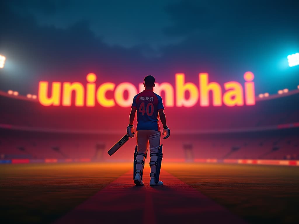  good quality, high quality, "unicornbhai" in glowing embers , in capital letter, formed out of cricket analyst,  colourful the text radiates colourful and light in sunlight, nighttime cricket ground setting. the background features stadium and a cricketer named unicornbhai in his jersey , while warm, dominate the scene with a sense of rainbow color and mystery. hyperrealistic, full body, detailed clothing, highly detailed, cinematic lighting, stunningly beautiful, intricate, sharp focus, f/1. 8, 85mm, (centered image composition), (professionally color graded), ((bright soft diffused light)), volumetric fog, trending on instagram, trending on tumblr, HDR 4K, 8K