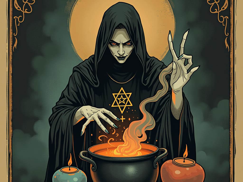  a dark sorceress casting spells over a bubbling cauldron, symbols of power engraved on her robes, malicious intent, strategic, sinister. an illustration in the style of a worn, mystical old tarot trump card, mysterious and elements of surrealism. the colors are muted, somber and eerie, but with contrast bring out an occult and esoteric vibe.