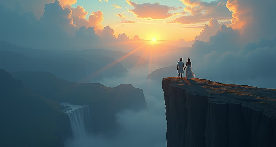  a majestic scene where the powerful couple stands, hand in hand, on a cliff edge overlooking a vast landscape. below, the world trembles and emits shockwaves, symbolizing the impact of their reunited force.. the style is digital art illustration,highly detailed, whimsical,magical, dreamlike atmosphere, realism and fantasy blend, smooth, glossy textures,luminous quality, wonder and enchantment.