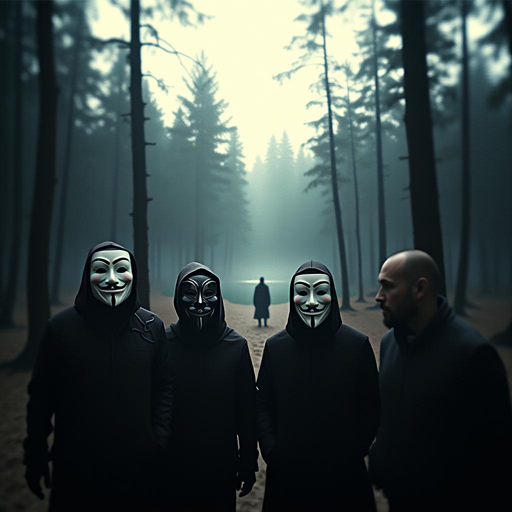  cinematic photo four men in anonymous masks stand and look at a reduced clearing with trees, lakes, people and gods, a dark background, people's eyes from top to bottom . 35mm photograph, film, bokeh, professional, 4k, highly detailed