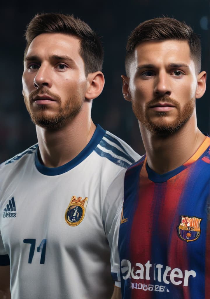 Messi y Ronaldo highly detailed,studio lighting,professional,vivid colors, cinematic lighting, HDR, UHD, 4K, 8k, 64K