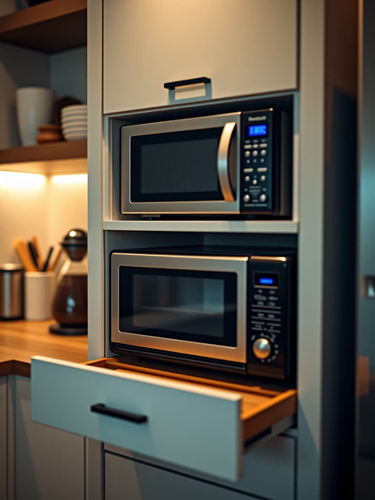  high quality portrait photo of a compact kitchen featuring a multi functional appliance hub, with a built in coffee maker, toaster oven, and microwave stacked vertically to save counter space hyperrealistic, full body, detailed clothing, highly detailed, cinematic lighting, stunningly beautiful, intricate, sharp focus, f/1. 8, 85mm, (centered image composition), (professionally color graded), ((bright soft diffused light)), volumetric fog, trending on instagram, trending on tumblr, HDR 4K, 8K