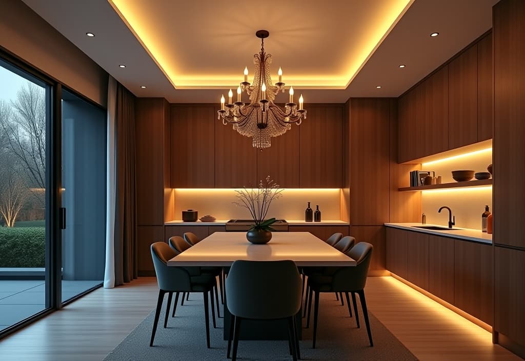  a landscape photo of a contemporary kitchen featuring a dramatic chandelier over a dining area, with recessed lighting in the ceiling and led strip lights along the edges of floating shelves hyperrealistic, full body, detailed clothing, highly detailed, cinematic lighting, stunningly beautiful, intricate, sharp focus, f/1. 8, 85mm, (centered image composition), (professionally color graded), ((bright soft diffused light)), volumetric fog, trending on instagram, trending on tumblr, HDR 4K, 8K