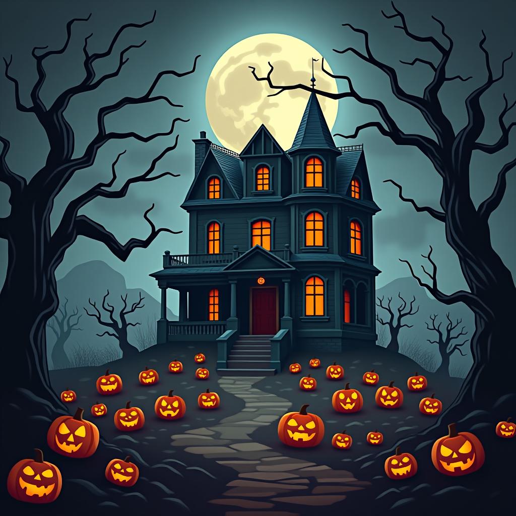  create a seamless digital painting of a spooky, halloween themed scene featuring a haunted house with gothic architecture. the house should be surrounded by twisted, gnarled trees and a multitude of jack o' lanterns. the scene should include a dark, cloudy sky to enhance the eerie atmosphere. the overall style should be detailed and atmospheric, capturing the essence of a haunted, creepy environment perfect for halloween, ensuring the design is seamless for use in repeating patterns or wraps.