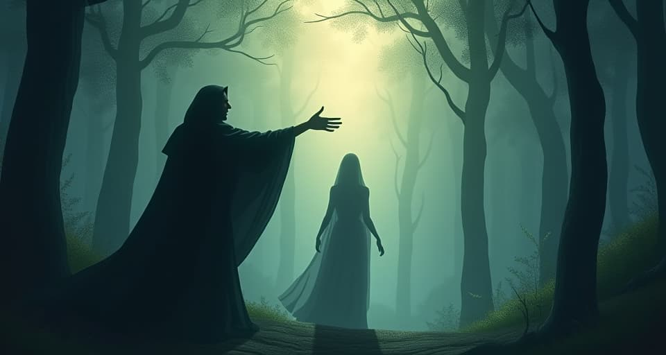  mystical witch in dark robes, hand casting shadow over an ascending figure, ethereal forest background, mood of sabotage. the style is digital art illustration,highly detailed, whimsical,magical, dreamlike atmosphere, realism and fantasy blend, smooth, glossy textures,luminous quality, wonder and enchantment.