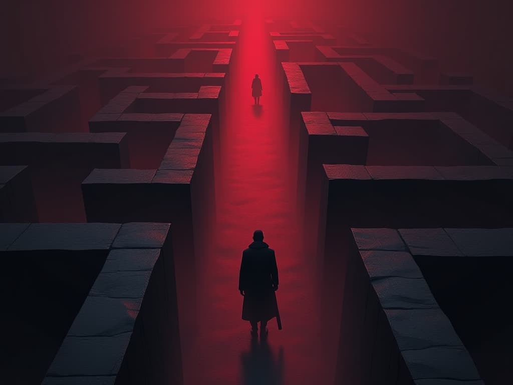  maze like social scene, central character avoiding paths where people gather, atmosphere of detachment and self preservation. the style is dark fantasy and mysterious occult, symbolic, moody lighting, esoteric vibe,high detail on character design. for the color scheme emphasize blacks and reds.