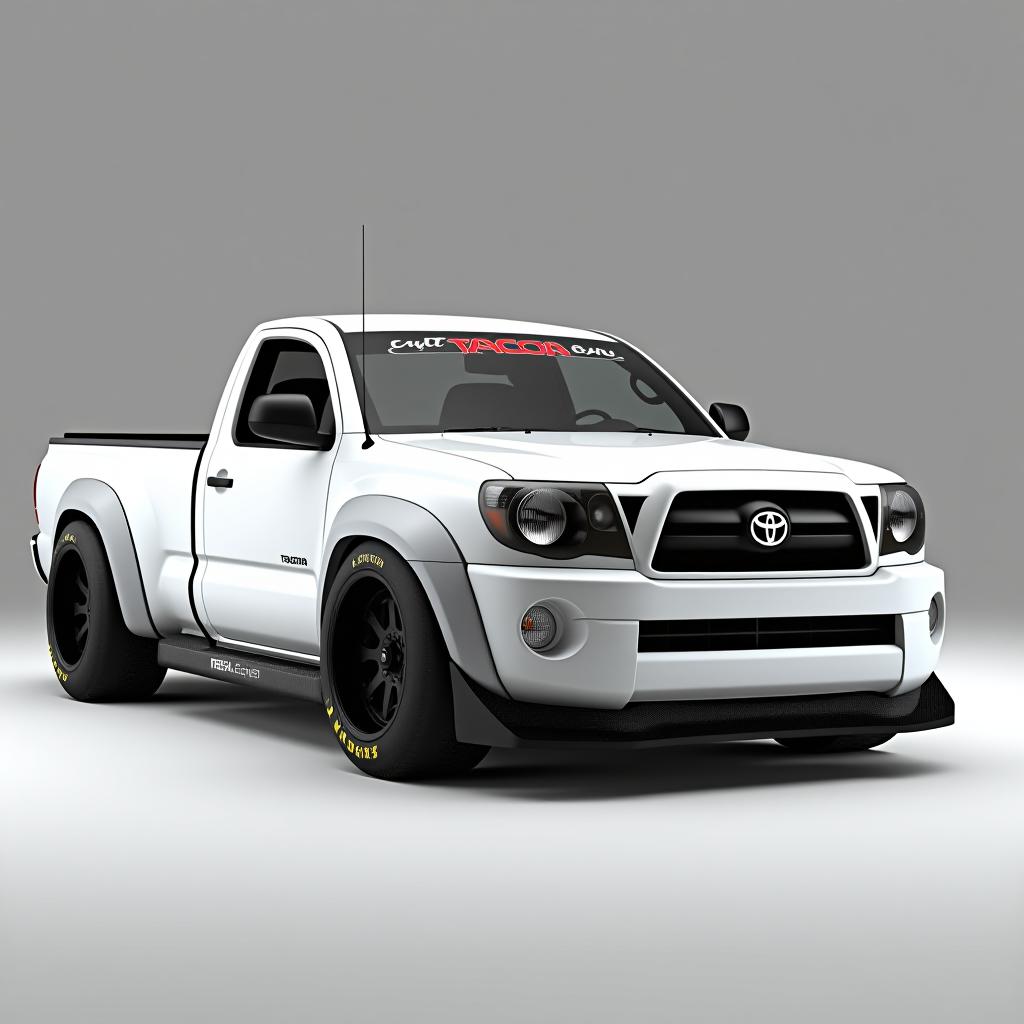  professional 3d model 2008 toyota tacoma, new, stanced, trd, lowered, racing, race truck, detailed, 8k, white,single cab, 17x12 wheels, wide body, light weight, body kit, negative camber, rollcage, front splitter, rear defuser, big brakes,work wheels,bbs wheels, toolbox,. octane render, highly detailed, volumetric, dramatic lighting