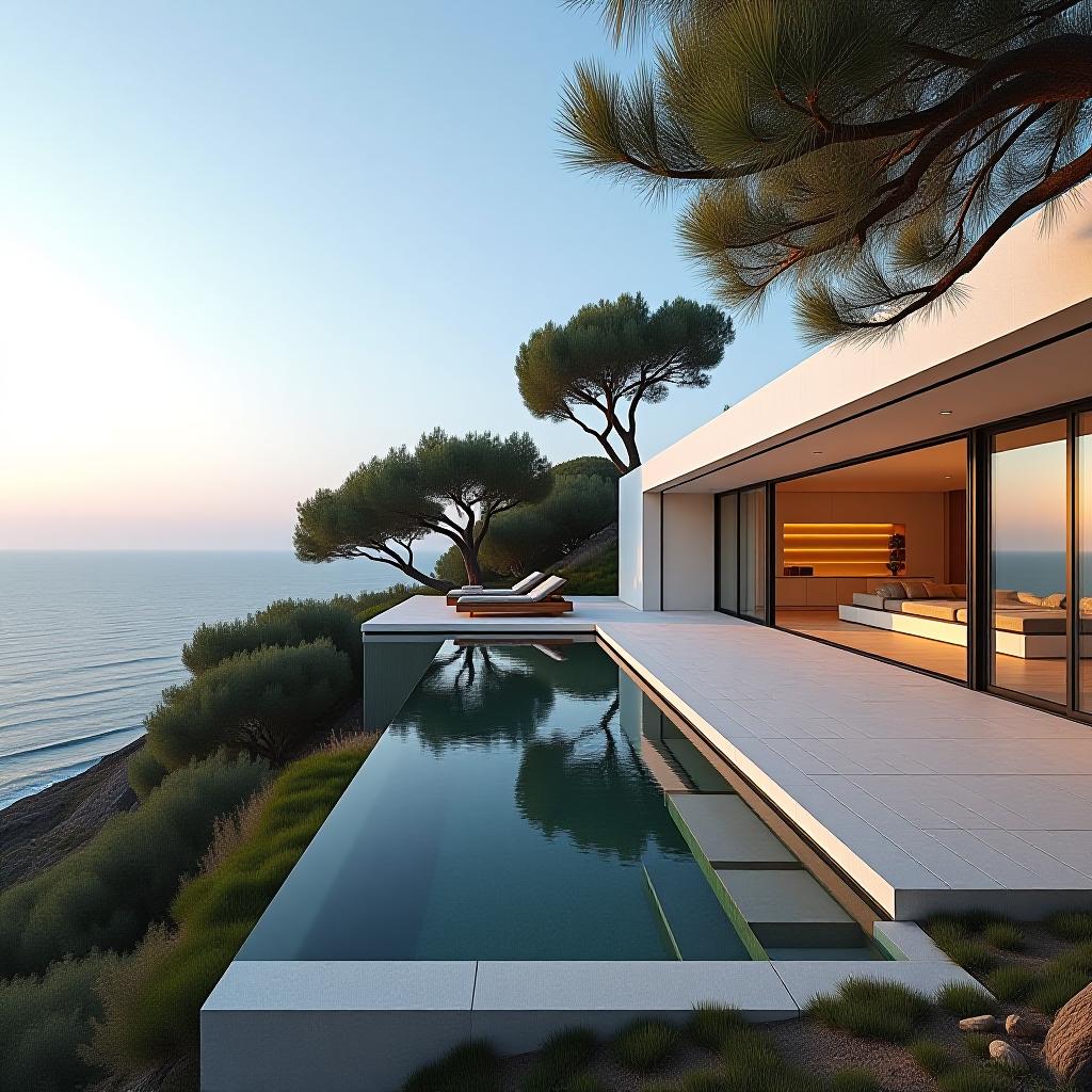  a modern luxury italian house situated on a cliff by the sea, featuring expansive glass walls and an infinity pool, surrounded by olive trees and a mediterranean landscape. the design embodies minimalist elegance with open plan living spaces, rooftop terraces offering panoramic ocean views, styled by bjarke ingels, zaha hadid, and frank gehry, captured in sharp focus with clean lines and intricate details.