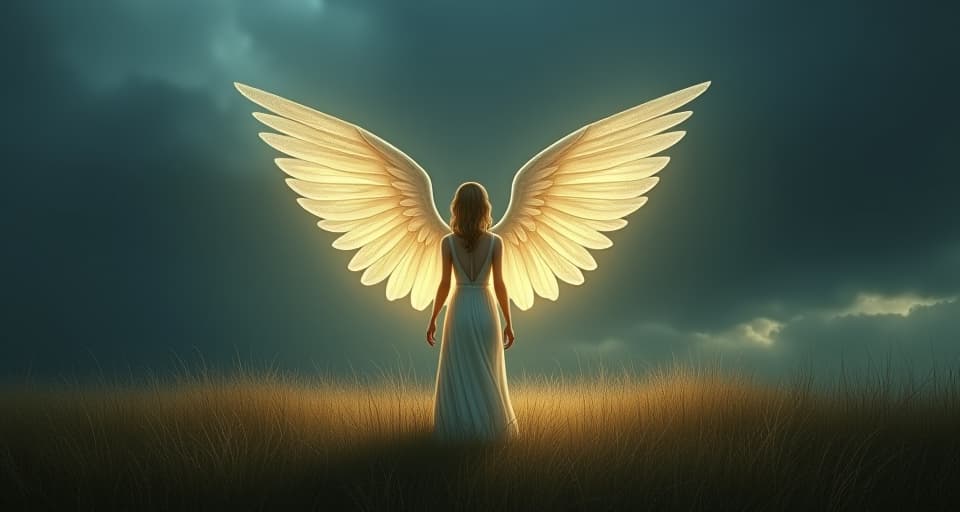  an ethereal angel with luminescent wings, standing alone in an open field. dark skies, feeling of vulnerability, sense of threat.. the style is digital art illustration,highly detailed, whimsical,magical, dreamlike atmosphere, realism and fantasy blend, smooth, glossy textures,luminous quality, wonder and enchantment.