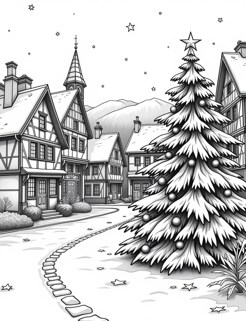  this is for an adult coloring page. a detailed black and white line art of a snowy snowy village square with a decorated christmas tree on a solid white background.