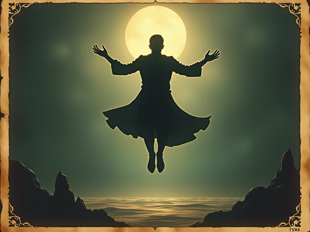  a man floating effortlessly above the ground, surrounded by a soft glow, ethereal and weightless atmosphere. an illustration in the style of a worn, mystical old tarot trump card, mysterious and elements of surrealism. the colors are muted, somber and eerie, but with contrast bring out an occult and esoteric vibe.