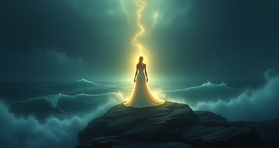  luminous figure standing at the edge of a dark, tumultuous ocean; expression not of denial but firm resolve, the light surrounding reflecting supernatural comfort and realism.. the style is digital art illustration,highly detailed, whimsical,magical, dreamlike atmosphere, realism and fantasy blend, smooth, glossy textures,luminous quality, wonder and enchantment.