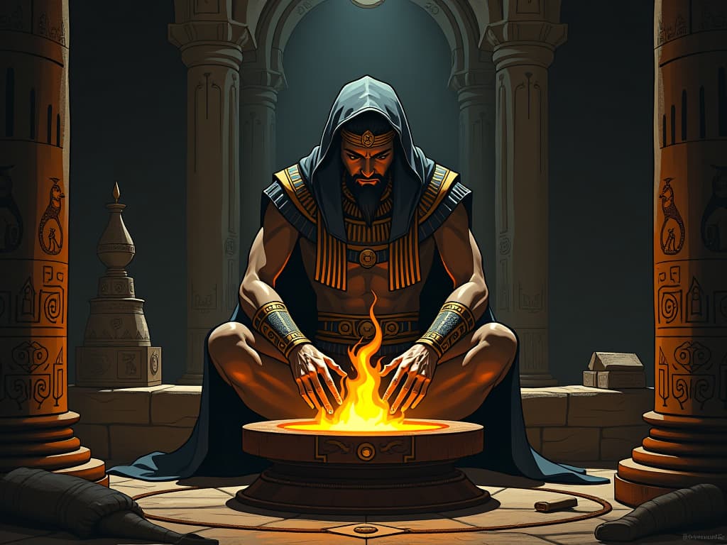  a figure seated by a glowing forge in a dark room, symbols of alchemy etched around, representing the crucible refining their spirit. the style is digital art illustration / modern comic book / mysterious occult, symbolic, esoteric vibe,high detail on character design, incorporating ancient egyptian symbology and attire.