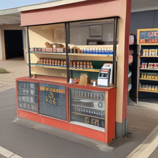 create a small Grocery shop in semi rural area next to the road. charcoal,red and gold paint. petrol station style shop but no petrol pumps. written D Rite Lifestyle Joint