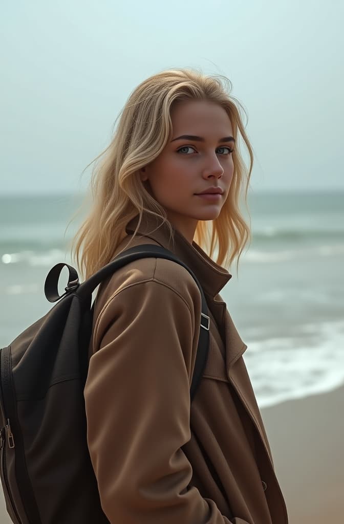  create brunette girl with blonde hair with backpack and on the beach with metal detector hyperrealistic, full body, detailed clothing, highly detailed, cinematic lighting, stunningly beautiful, intricate, sharp focus, f/1. 8, 85mm, (centered image composition), (professionally color graded), ((bright soft diffused light)), volumetric fog, trending on instagram, trending on tumblr, HDR 4K, 8K