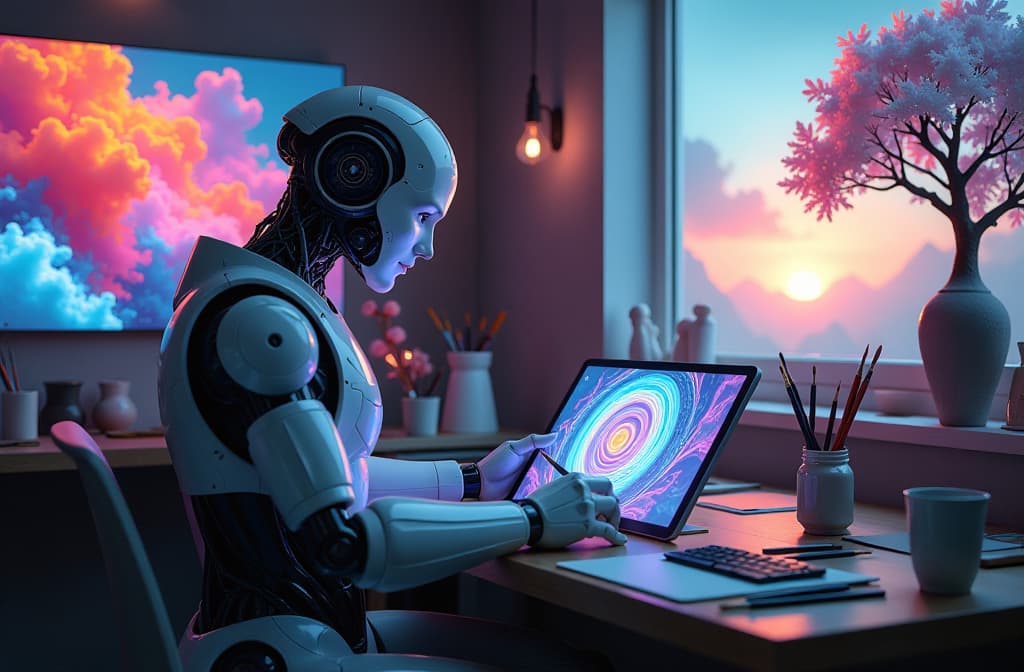  "create an intricate scene where a futuristic artist's studio is filled with vibrant, holographic displays of ai generated artworks. the walls are adorned with dynamic digital canvases that blend abstract shapes and vivid colors, showcasing the evolution of creativity. in the foreground, a humanoid robot is thoughtfully examining a swirling masterpiece on a digital tablet, surrounded by glowing brushes and tools that merge technology and art. soft, ambient lighting adds a dreamlike atmosphere to the space, while a window reveals a lush, imaginative landscape outside that reflects the essence of innovation and creativity." hyperrealistic, full body, detailed clothing, highly detailed, cinematic lighting, stunningly beautiful, intricate, sharp focus, f/1. 8, 85mm, (centered image composition), (professionally color graded), ((bright soft diffused light)), volumetric fog, trending on instagram, trending on tumblr, HDR 4K, 8K