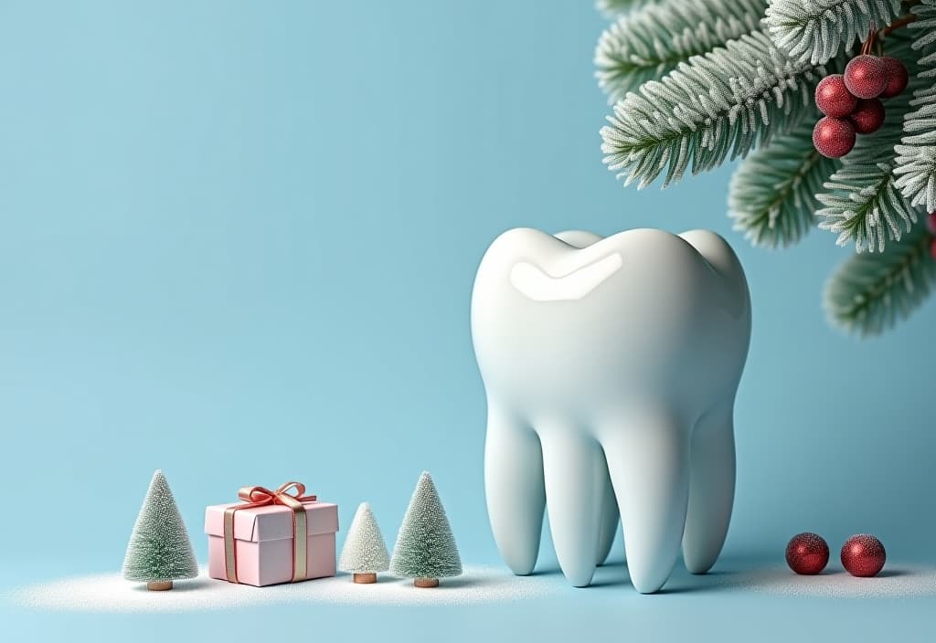  large pale blue background, a tooth model, a pine branch in frost with berries at the top right, a gift box, christmas tree toys at the bottom left.