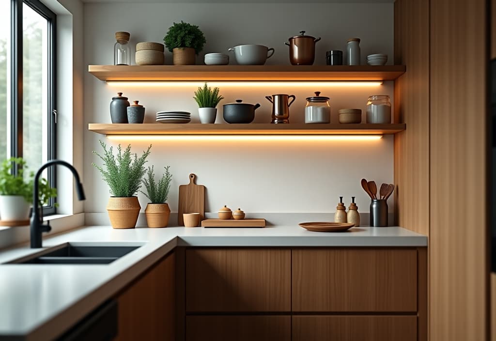  a landscape photo of a stylish small kitchen with floating shelves above the countertop, showcasing neatly organized cooking essentials and freeing up valuable counter space hyperrealistic, full body, detailed clothing, highly detailed, cinematic lighting, stunningly beautiful, intricate, sharp focus, f/1. 8, 85mm, (centered image composition), (professionally color graded), ((bright soft diffused light)), volumetric fog, trending on instagram, trending on tumblr, HDR 4K, 8K