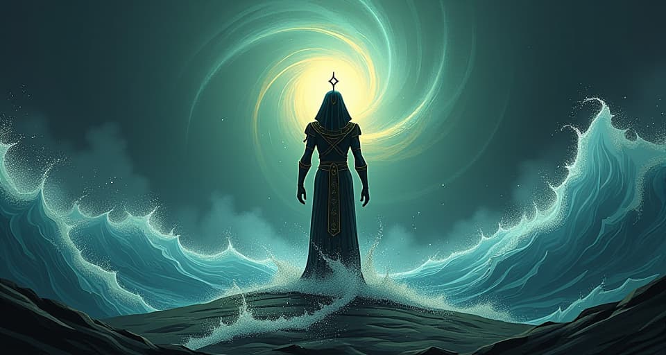  a figure standing firm amidst the chaos of the storm, elements swirling but slowed around them, exuding calm and control.. the style is digital art illustration / modern comic book / mysterious occult, symbolic, esoteric vibe,high detail on character design, incorporating ancient egyptian symbology and attire.