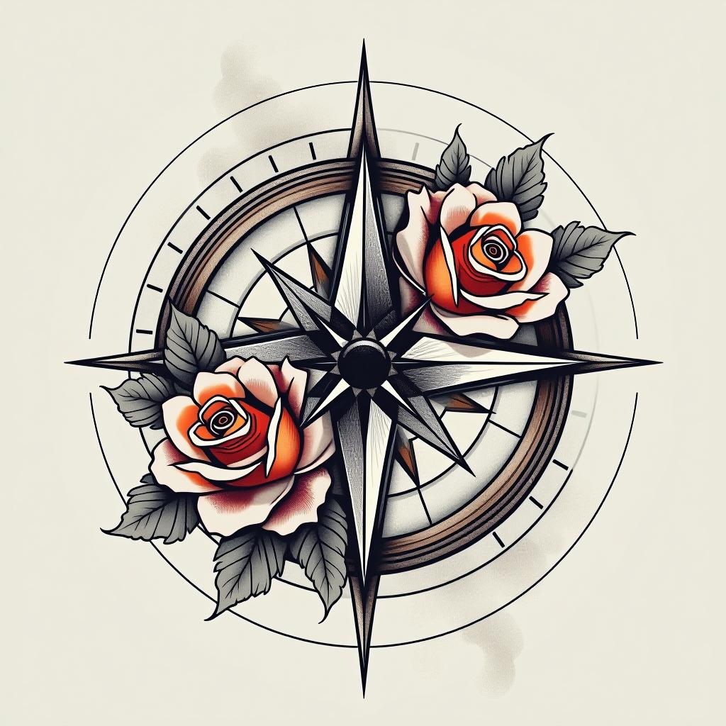  create a tattoo design, compass with roses, white background