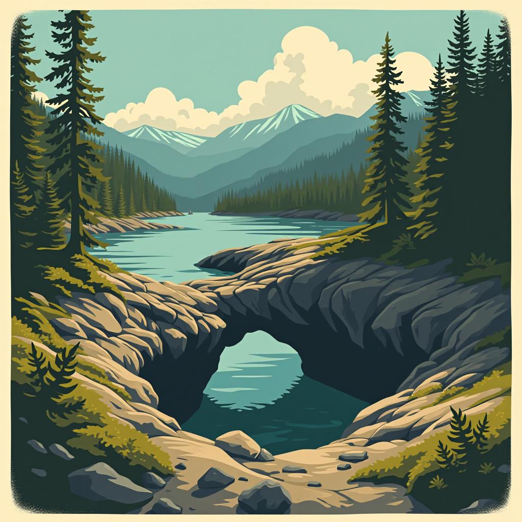  create an image of sooke potholes, british columbia. present it in the style of the a vintage parks poster