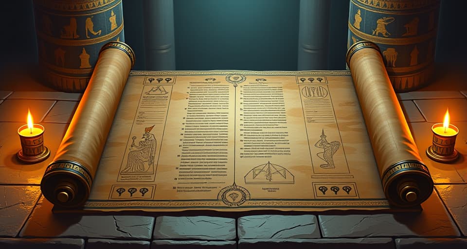  a sacred egyptian scroll, unfurled on a stone altar, covered in detailed hieroglyphs and celestial symbols, candlelight illuminating the ancient text. the style is digital art illustration / modern comic book / mysterious occult, symbolic, esoteric vibe,high detail on character design, incorporating ancient egyptian symbology and attire.