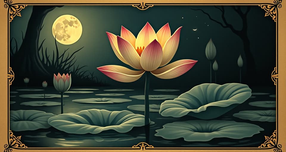  lotus flower, emerging untainted from a murky swamp, illuminated by moonlight, petals detailed and elegant.. an illustration in the style of a worn, mystical old tarot trump card, mysterious and elements of surrealism. the colors are muted, somber and eerie, but with contrast bring out an occult and esoteric vibe.