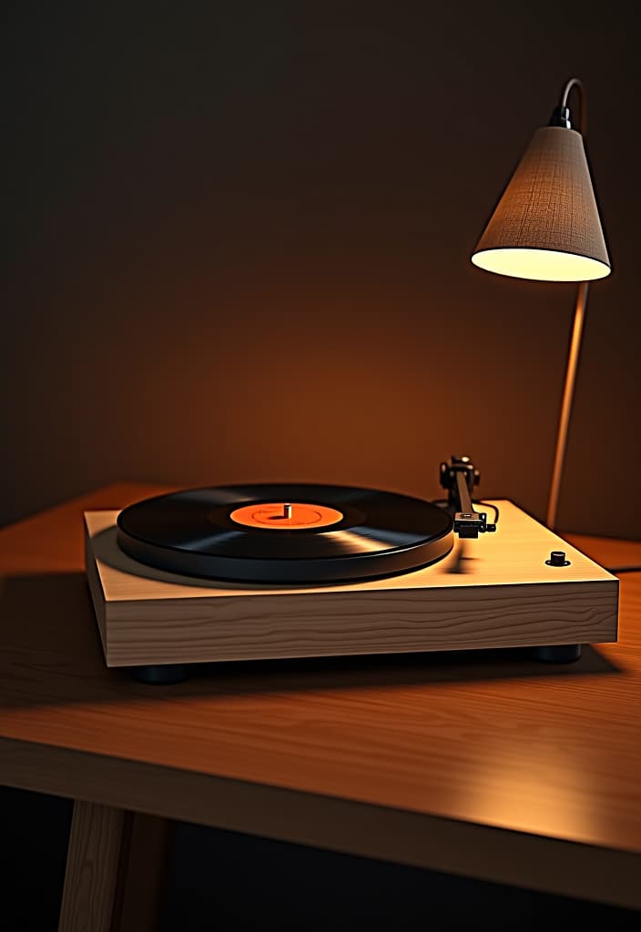  high quality, record player, wood, metal, stands on a wooden countertop, lamp light, dark