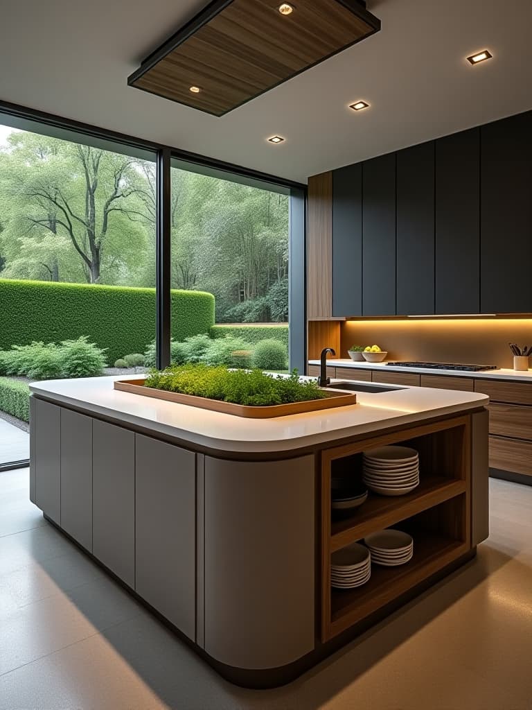  high quality portrait photo of a contemporary kitchen featuring a stunning oversized kitchen island with a built in herb garden, surrounded by floor to ceiling windows overlooking a lush garden hyperrealistic, full body, detailed clothing, highly detailed, cinematic lighting, stunningly beautiful, intricate, sharp focus, f/1. 8, 85mm, (centered image composition), (professionally color graded), ((bright soft diffused light)), volumetric fog, trending on instagram, trending on tumblr, HDR 4K, 8K