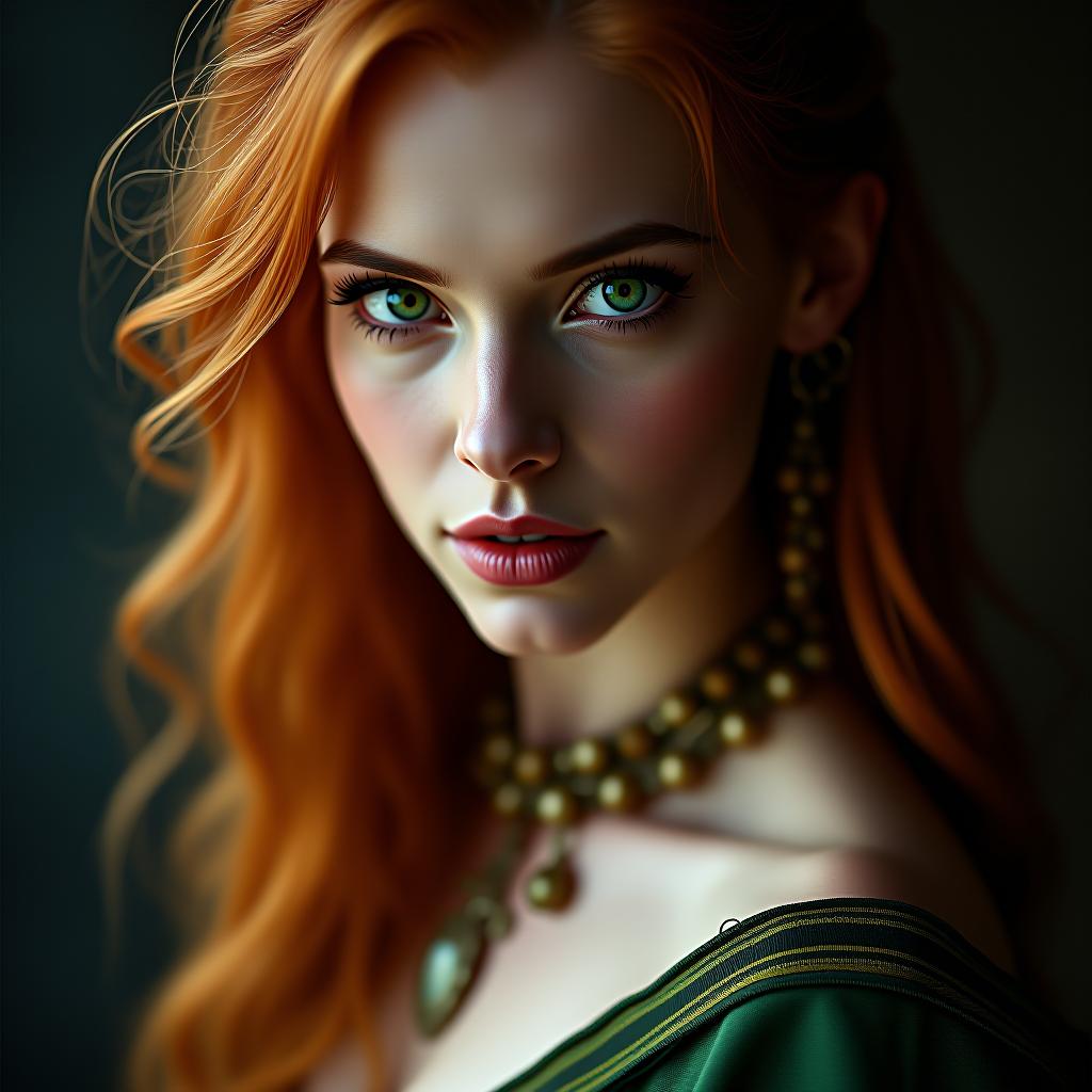  high quality portraiture capturing a bewitching lady with fierce green eyes and ethereal beauty representing the parody version of triss merigold from the witcher series. shot in soft lighting with a leica q2 and a 28mm f/1.7 lens, the focus should be on her expressive eyes and semi exposed physique. hyperrealistic, full body, detailed clothing, highly detailed, cinematic lighting, stunningly beautiful, intricate, sharp focus, f/1. 8, 85mm, (centered image composition), (professionally color graded), ((bright soft diffused light)), volumetric fog, trending on instagram, trending on tumblr, HDR 4K, 8K