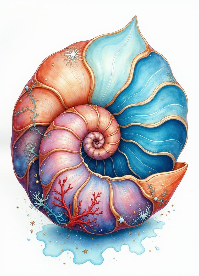  image with (double exposure: 1,4). watercolour, alcohol ink. depicting the depths of the sea through the (silhouette of) (glass transparent) shell of a nautilus clam on a white background. with brightly coloured coral, thin algae, small fish. sparks, shimmer. openwork sea patterns. visual effects, in the style of agnes cecile. elegance. art nouveau, art deco, ornament, curls. in the manner of andrew jones, honoré fragonard, van gogh. high detail. high quality, hd.