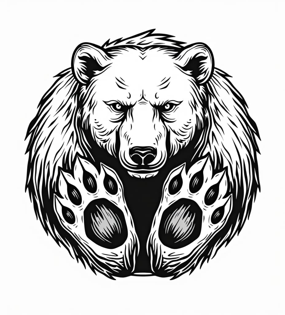  black on white sketch of circular logo that is made up of polar bears, and polar bear paws. unique design, trendy