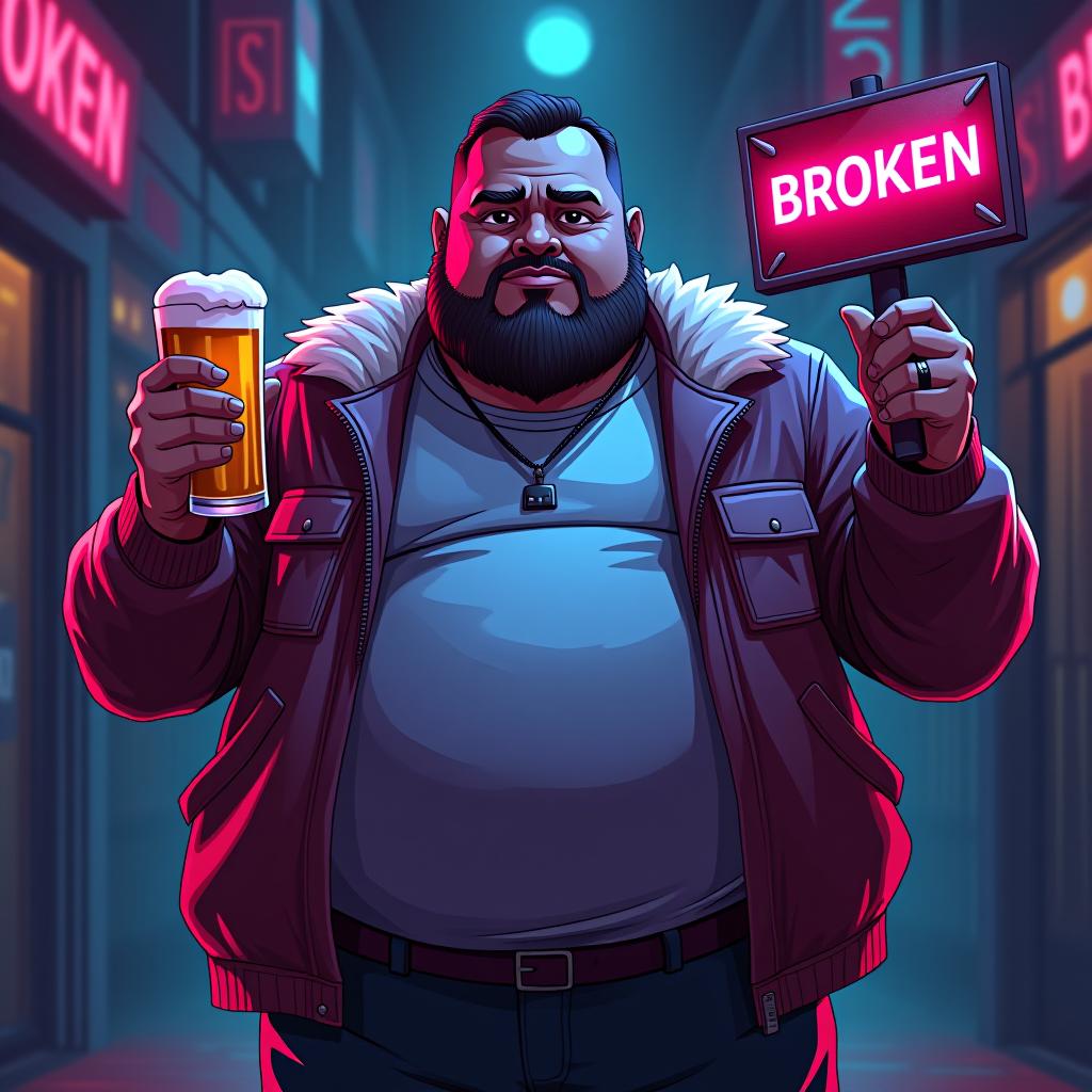  cyberpunk game style a fat man with a beer in his right hand and a sign in his left that says broken . neon, dystopian, futuristic, digital, vibrant, detailed, high contrast, reminiscent of cyberpunk genre video games