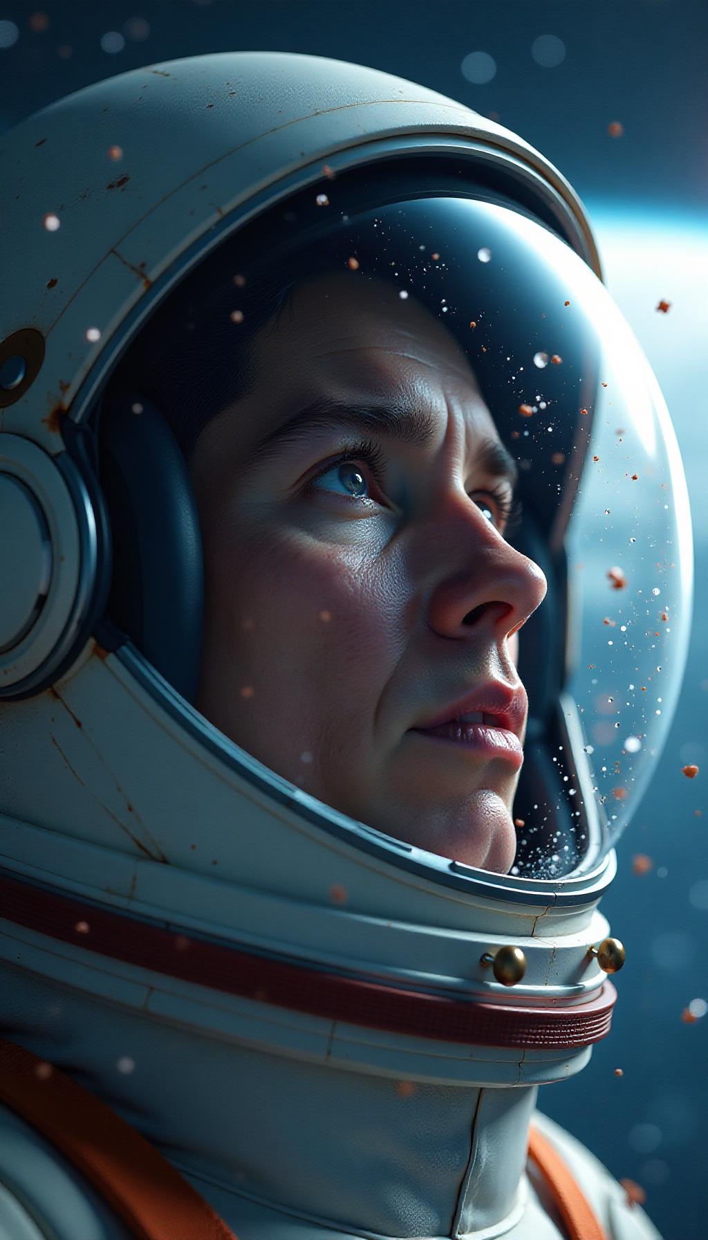  create a high quality, photorealistic image that vividly depicts the following scene: a magnified depiction of an awestruck cosmonaut, his visor mirroring the starlit void outside and a horde of ants enveloping the planet beneath. his face is displaying a blend of awe and shock, with micro crystals of frozen tears hovering around him, noticeably defying the laws of gravity. dramatic lighting highlights his features, with the vibrant blues and greens of earth creating a contrast with the endless cosmic black. shot on sony a7s iii, f/2.8, iso 250, 1/125s, 4k, raw, the scene is marked by raw, high contrast hues accentuating an amazing fact within an exceptional backdrop. the image should: focus on the specific actions, emotions hyperrealistic, full body, detailed clothing, highly detailed, cinematic lighting, stunningly beautiful, intricate, sharp focus, f/1. 8, 85mm, (centered image composition), (professionally color graded), ((bright soft diffused light)), volumetric fog, trending on instagram, trending on tumblr, HDR 4K, 8K