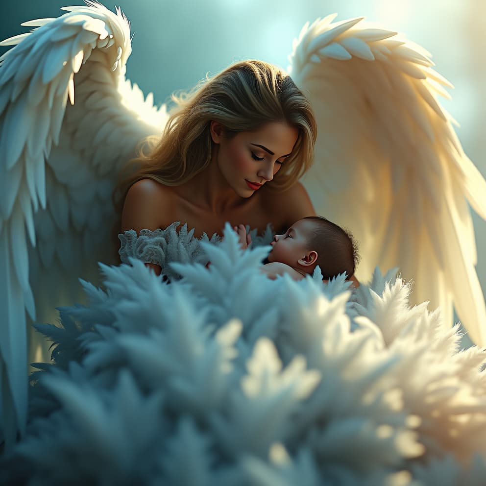  a hyper maximalist, ethereal matte painting of a mother with majestic, full length angel wings cradling her . the pair are enveloped in a serene, magical nest of blue and white feathers, creating a sense of calm and ephemerality. the scene is rendered with a shallow depth of field, drawing the viewer's eye to the connection between mother and . warm and cool tones intertwine, creating a captivating atmosphere reminiscent of a dream. the composition evokes the style of unreal engine 5, with meticulous detail and cinematic lighting.hyper detail, intricate details, sharp focus, high resolution, 8k, ultra detailed, vib