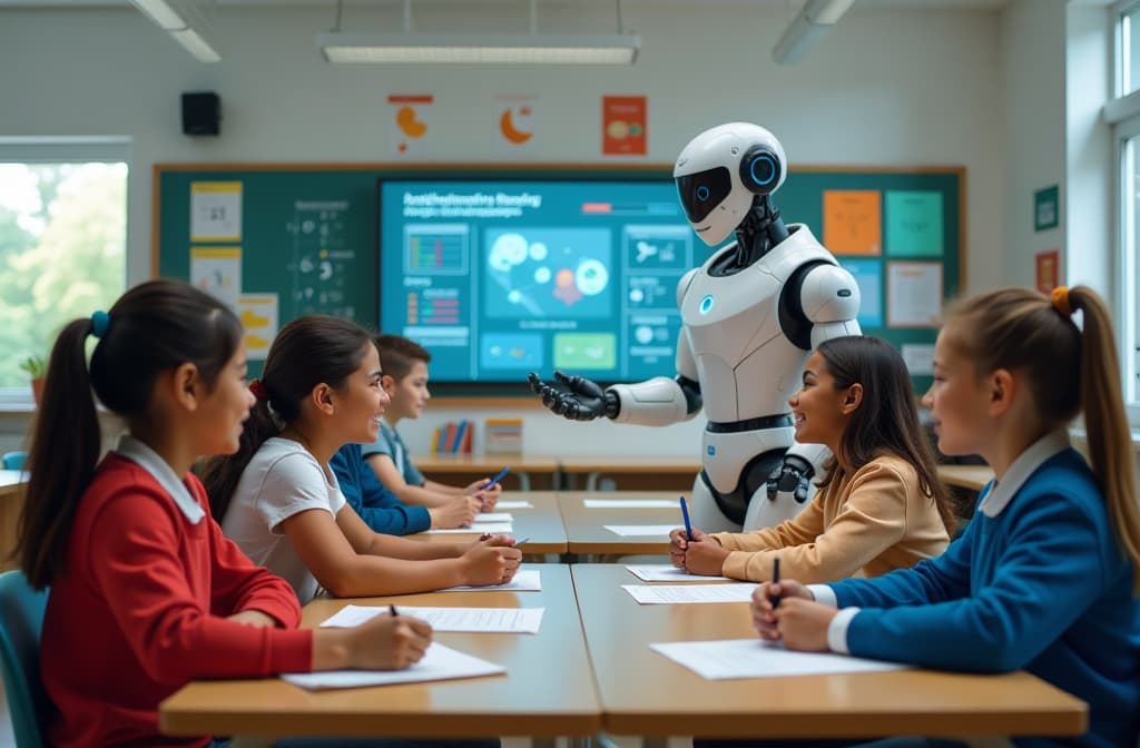  “an engaging scene inside a modern classroom where a friendly, futuristic robot is assisting diverse students with their studies. the classroom is filled with colorful educational posters, interactive screens displaying various subjects like math and science, and students of different backgrounds interacting with the robot, who is displaying diagrams and answering questions. the atmosphere is bright and inspiring, showcasing technology bridging the gap in education.” hyperrealistic, full body, detailed clothing, highly detailed, cinematic lighting, stunningly beautiful, intricate, sharp focus, f/1. 8, 85mm, (centered image composition), (professionally color graded), ((bright soft diffused light)), volumetric fog, trending on instagram, trending on tumblr, HDR 4K, 8K