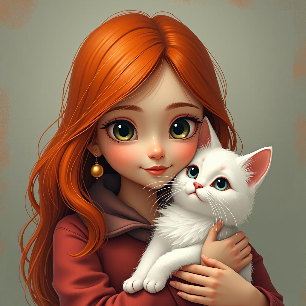  a red haired girl with a white cat.