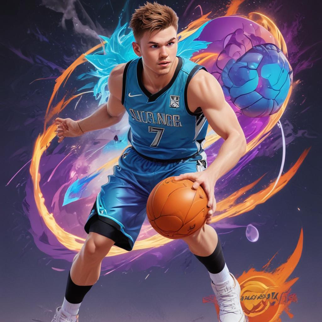 distance-shot, flashy, full-body, dynamic, holographic, animated cartoon poster of luka doncic in the style of dragon ball super