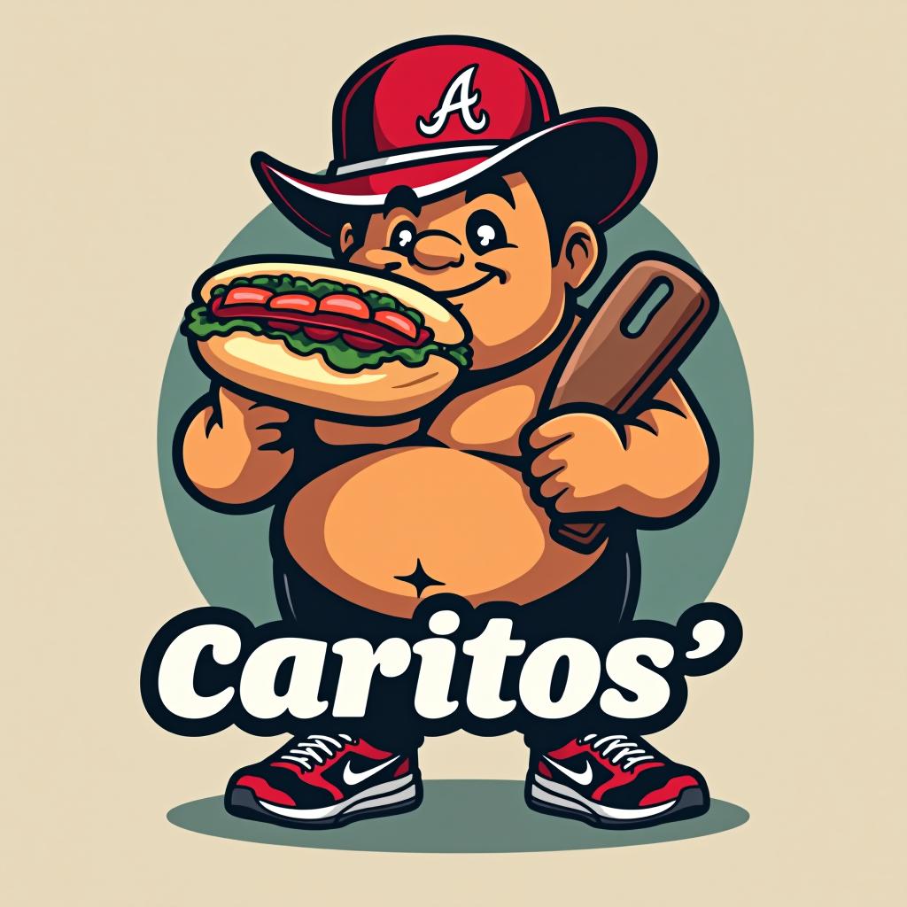  design a logo, chubby mexican with a big burrito wearing a atlanta braves hat with nike cortez shoes , with the text 'carlitos’ burritos'.