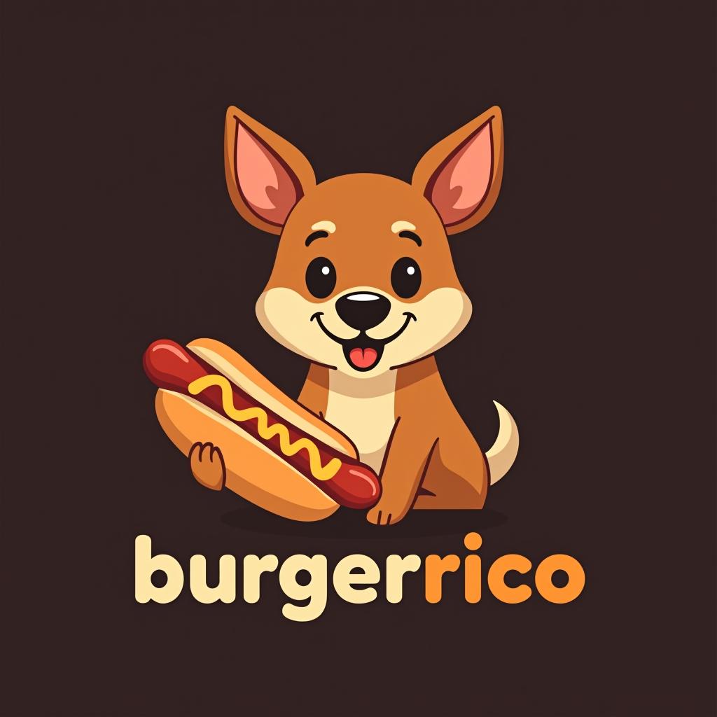  design a logo, un perro con hot dog en la mano , with the text 'burgerrico'.