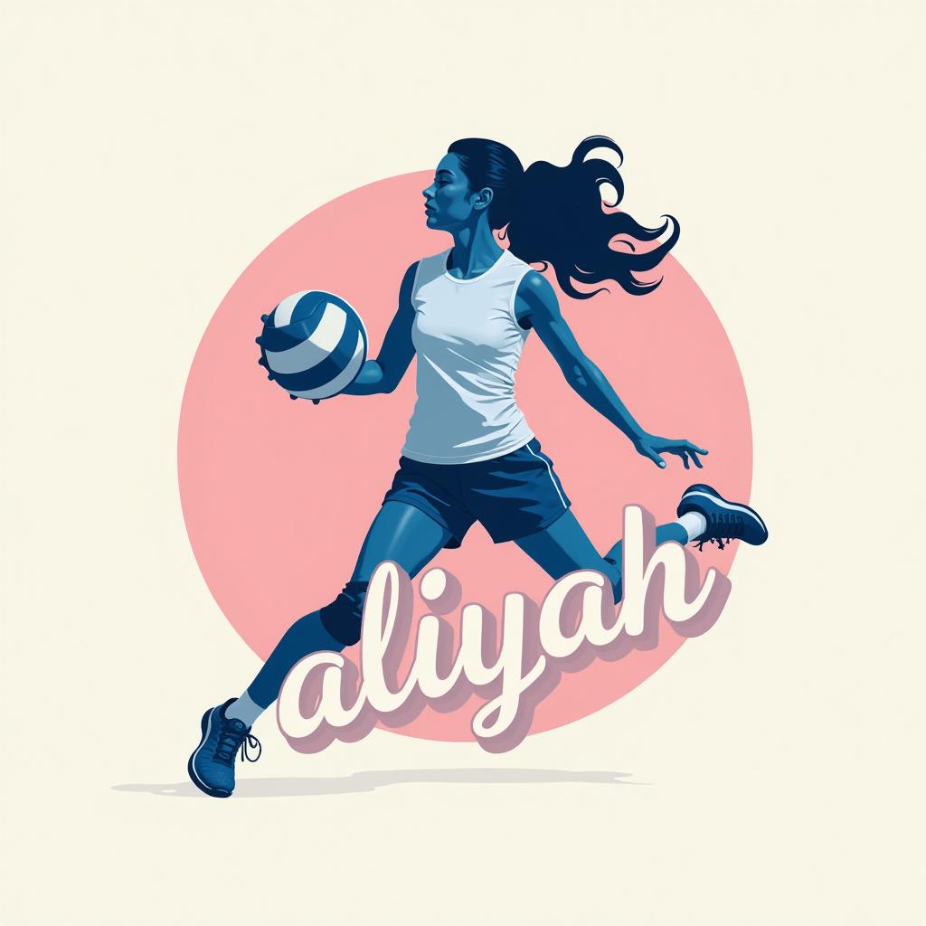  design a logo, logotipo minimalista en el tema de jugadora de volley ball atacando la red con el texto ‘aliyah’ colores blanco, rosa claro y azul marino . silueta de mujer adolescente con cabello ondulado