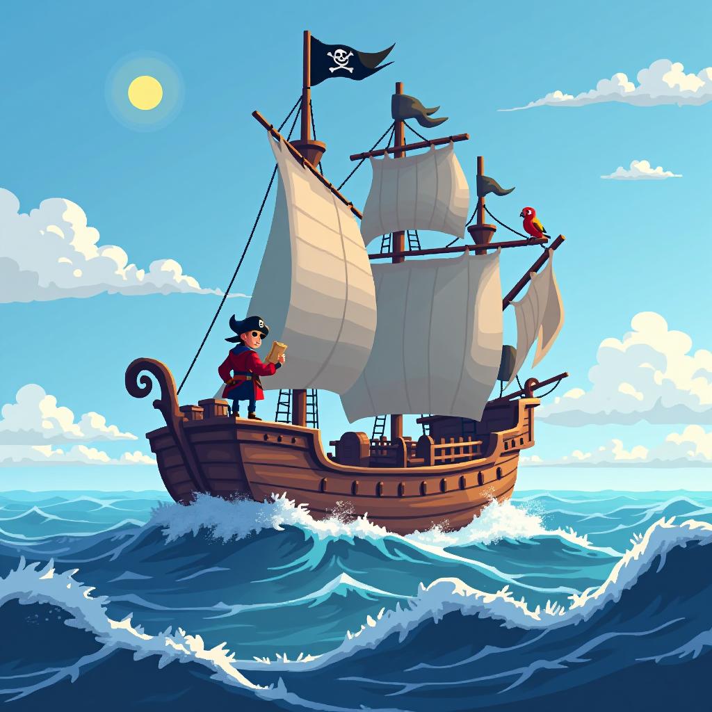  (((pixel art:10))), (high quality), a bright sunny day at sea with gentle waves lapping against a small pirate ship. the ship has tattered sails and a wooden pirate flag fluttering in the wind. captain finn stands at the ship's helm, gazing at the horizon with sparkles in his eyes, a treasure map clutched in his hand, and his parrot salty perched on his shoulder, curiously looking around.