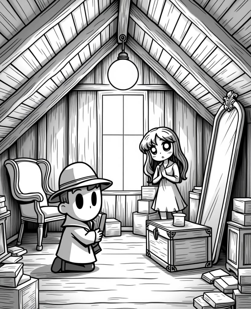  centered black and white high contrast line drawing, coloring book style,coloring book page of an adorable with big head and big eyes like lol surprise doll style, , creepy cute style an attic filled with old, dusty furniture, lit by a single hanging lightbulb. a chibi style detective, wearing a trench coat and hat, is kneeling in front of a wooden trunk, carefully examining its contents. a woman, also in chibi style, stands nearby, looking anxious and nervous. she is dressed in a vintage outfit with a long dress, her hands clasped together in worry. the attic is cluttered with old chairs, boxes, and a large dusty mirror leaning against the wall. cobwebs hang in the corners, and the wooden beams of the ceiling are 