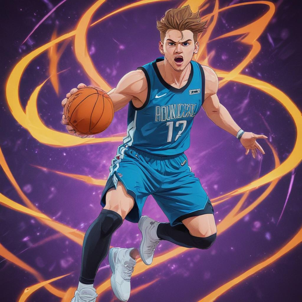 distance-shot, flashy, full-body, dynamic, holographic, animated cartoon poster of luka doncic in the style of dragon ball super