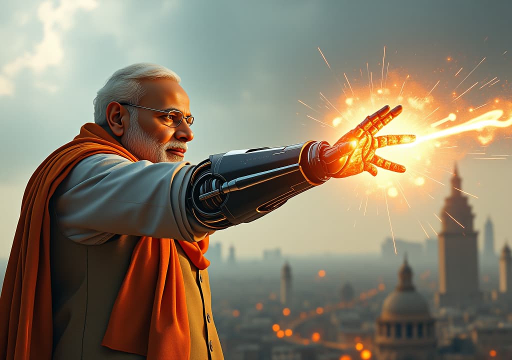  a hyper realistic movie poster titled "indian avengers" featuring narendra modi as a cyborg robot. he launches a powerful hand attack on ultron, his mechanical arm glowing with intense energy. modi’s face, part human and part robotic, is determined as the force of the strike sends shockwaves through the scene. the background shows a futuristic cityscape with indian architecture, with the title "indian avengers" prominently displayed above.