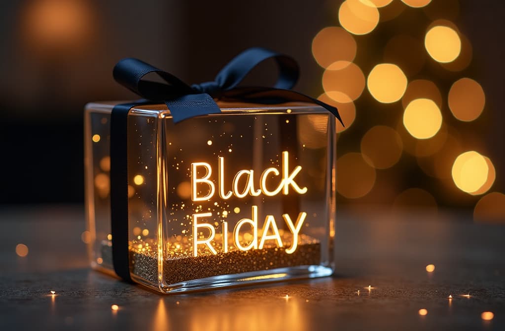  real estate photography style transparent glass gift with glass black bow, golden glowing text black friday, festive golden bokeh background ar 3:2 . professional, inviting, well lit, high resolution, property focused, commercial, highly detailed