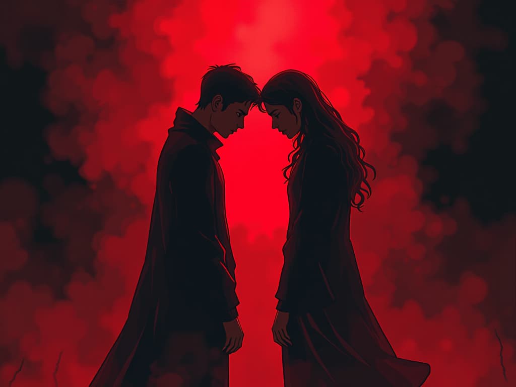  two figures in red, separated by a ghostly mist, strained looks, symbolizing tainted relationships. the style is digital art illustration / modern comic book / graphic dark novel fantasy and mysterious occult, symbolic, moody lighting, esoteric vibe,high detail on character design. for the color scheme emphasize blacks and reds.